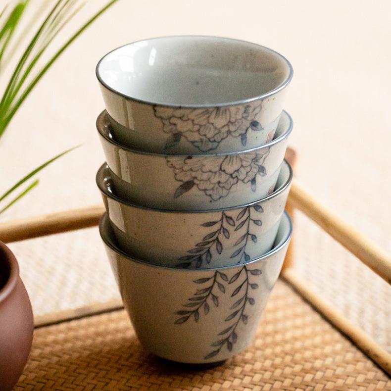 Tazza da tè cinese in stile antico con smalto blu cobalto e salice e peonia/tazza da tè Kungfu