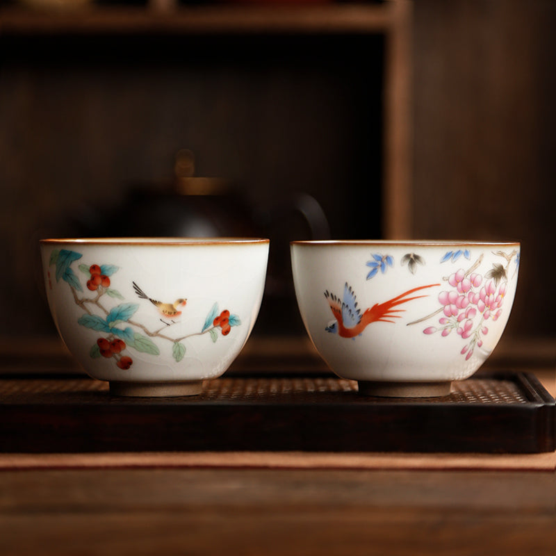 Tazza da tè in ceramica cinese Ru Ware - Serie fiori e uccelli
