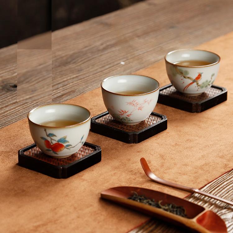 Tazza da tè in ceramica cinese Ru Ware - Serie fiori e uccelli