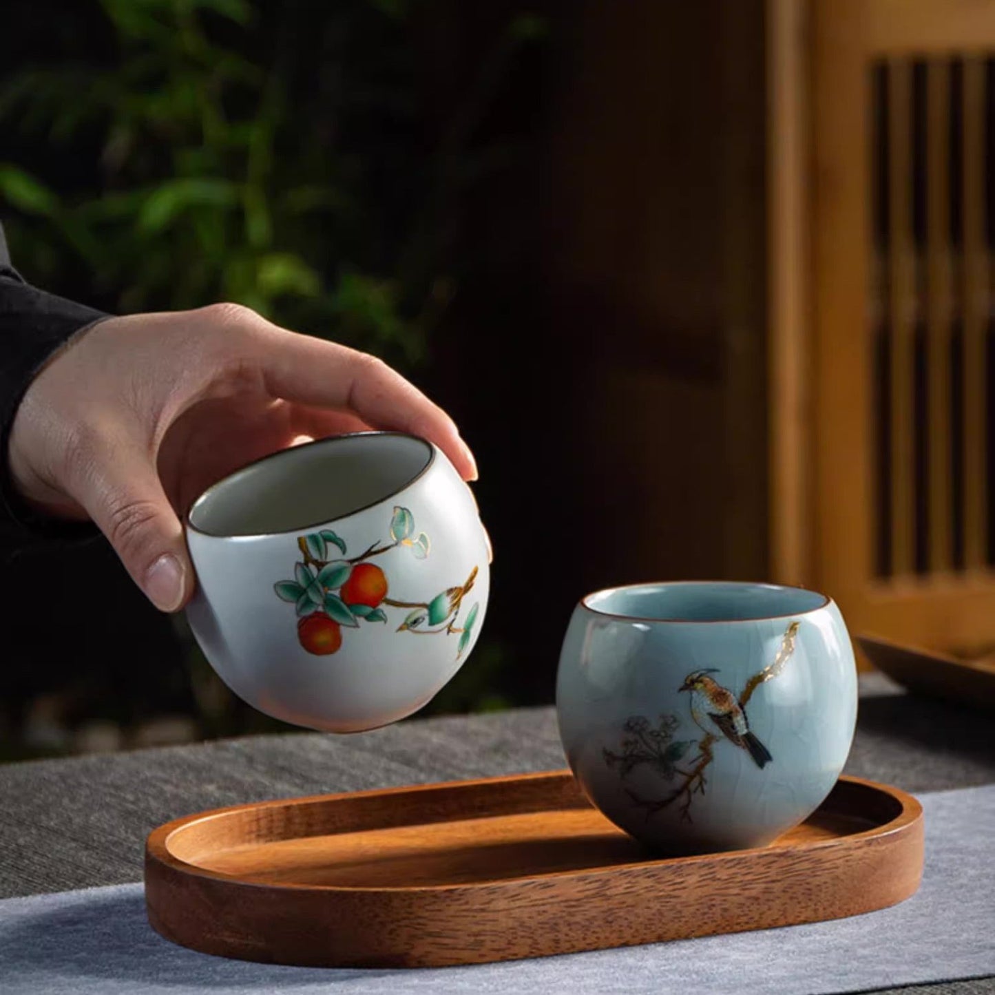Vintage Styled Ospiciou Chinese Tea Cups Gift Box Set in Scene of Spring Blooming and Autumn Fruit