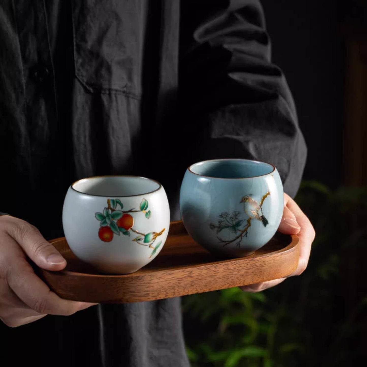 Vintage Styled Ospiciou Chinese Tea Cups Gift Box Set in Scene of Spring Blooming and Autumn Fruit