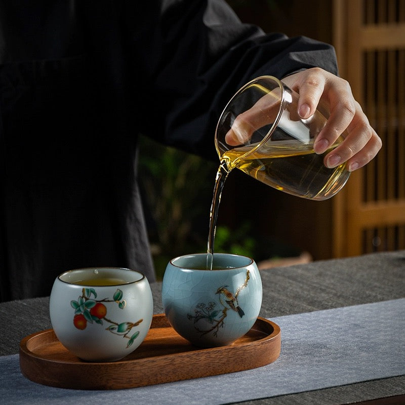 Vintage Styled Ospiciou Chinese Tea Cups Gift Box Set in Scene of Spring Blooming and Autumn Fruit