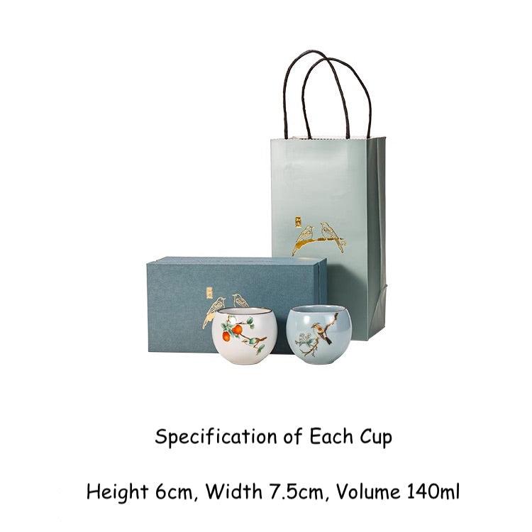 Vintage Styled Ospiciou Chinese Tea Cups Gift Box Set in Scene of Spring Blooming and Autumn Fruit