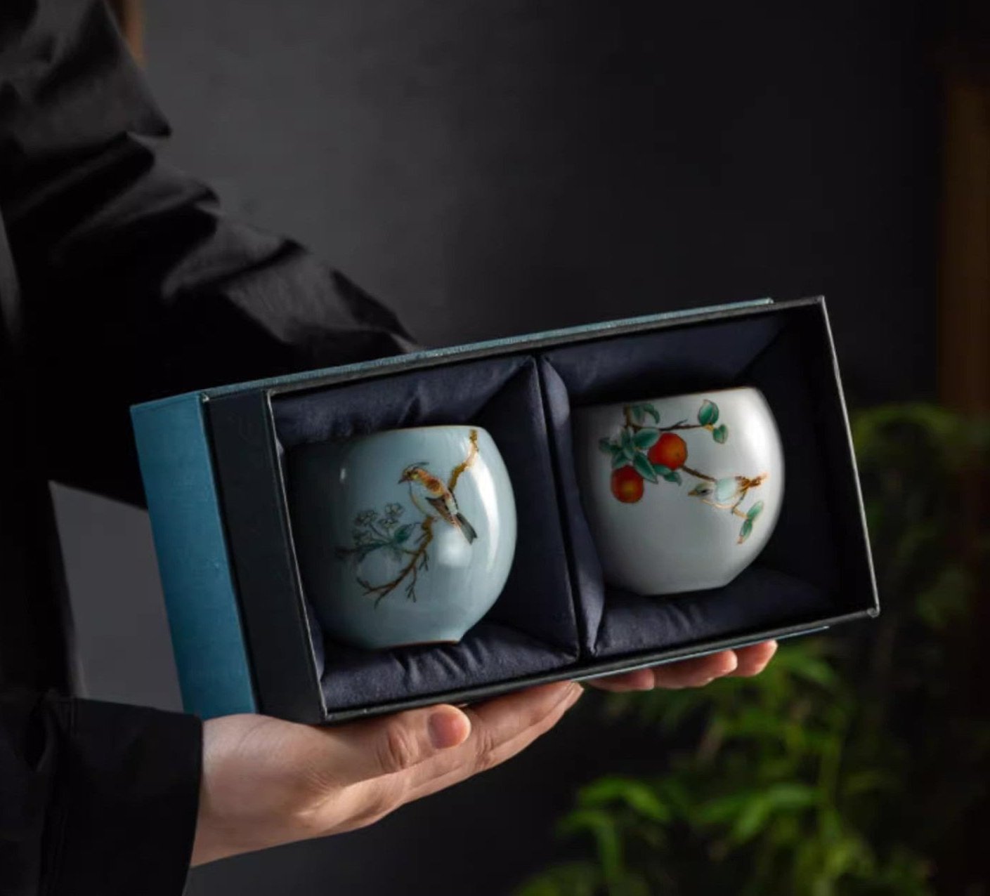 Vintage Styled Ospiciou Chinese Tea Cups Gift Box Set in Scene of Spring Blooming and Autumn Fruit