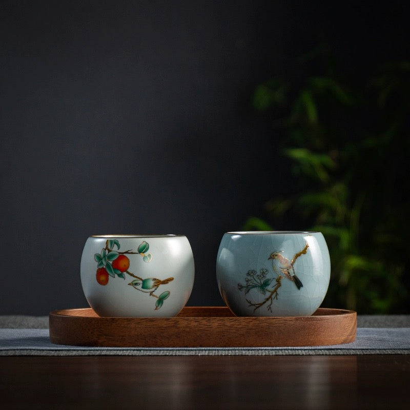 Vintage Styled Ospiciou Chinese Tea Cups Gift Box Set in Scene of Spring Blooming and Autumn Fruit