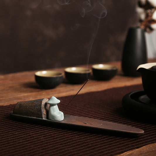 Rustic Gold Creramic Fishing Boat Incense Holder with White Porcelaine Fisherman