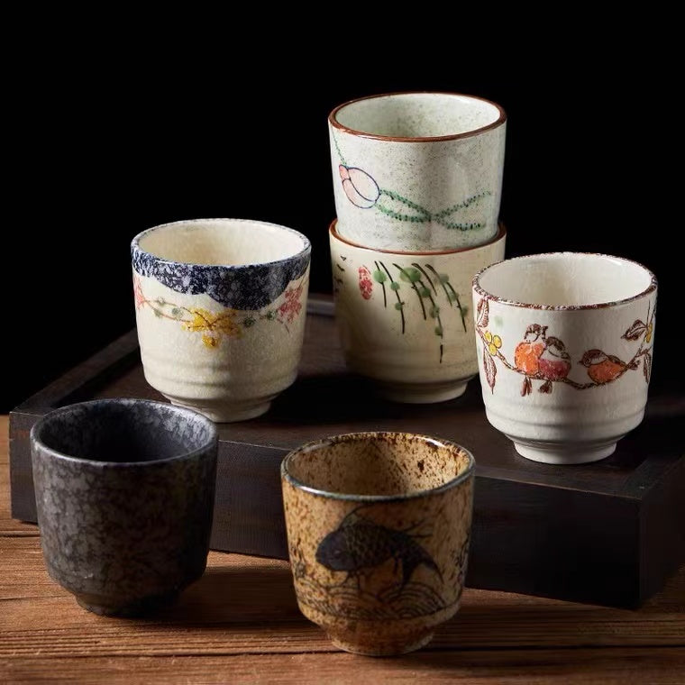 Japanese Style Ceramic Tea/Soup Cup in 4 Oriental Patterns/150ml Volume/Sushi Dinning Ware