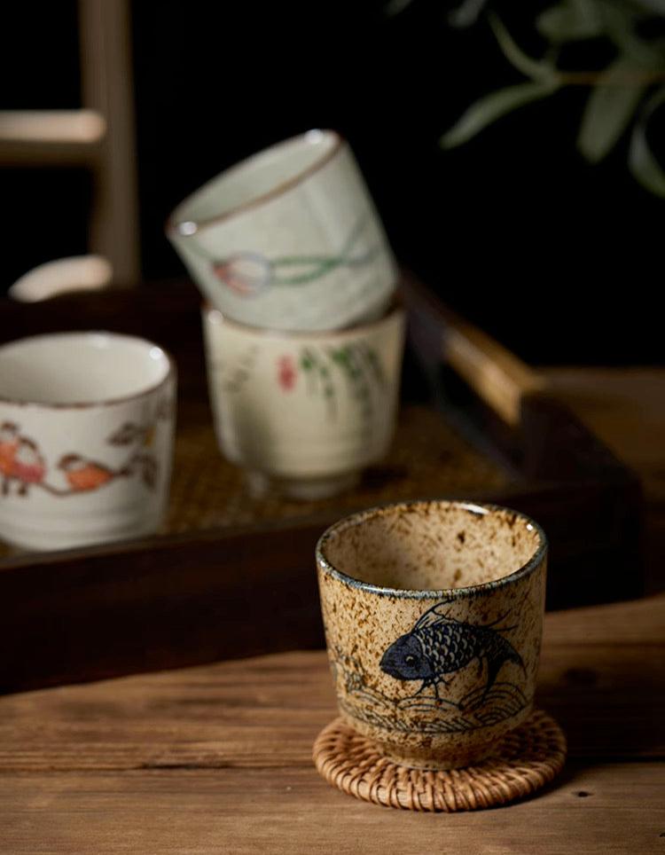 Japanese Style Ceramic Tea/Soup Cup in 4 Oriental Patterns/150ml Volume/Sushi Dinning Ware