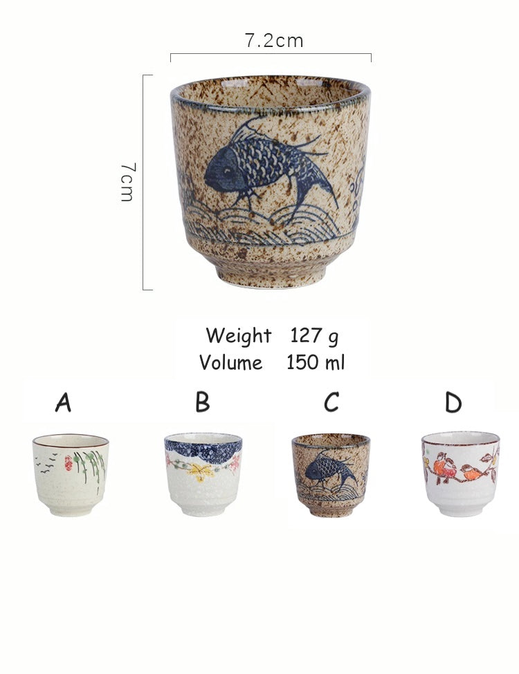 Japanese Style Ceramic Tea/Soup Cup in 4 Oriental Patterns/150ml Volume/Sushi Dinning Ware