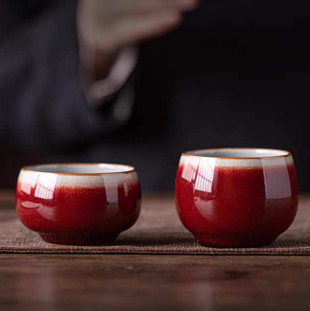 Classic Chinese Tea Cup in Renowned Red Glaze 'Lang Kiln Red' with Iced Cracked Effect Interior