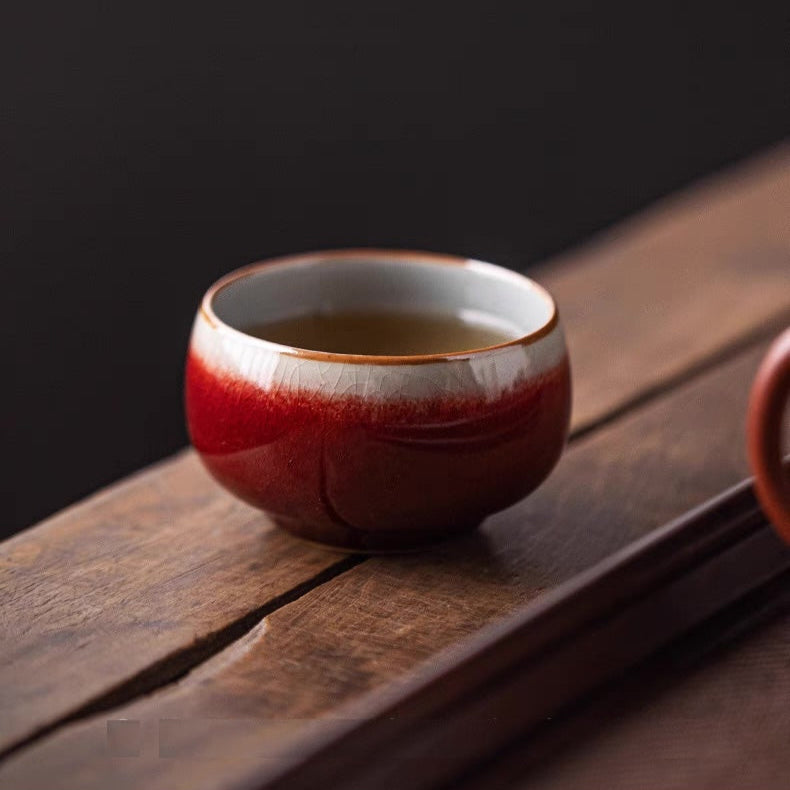 Classic Chinese Tea Cup in Renowned Red Glaze 'Lang Kiln Red' with Iced Cracked Effect Interior