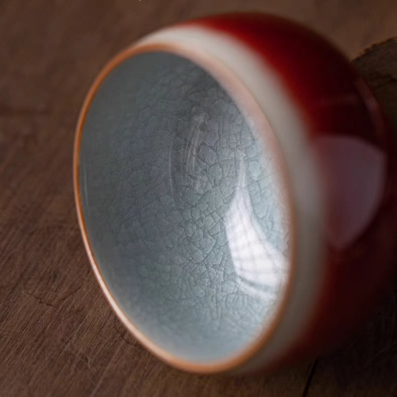 Classic Chinese Tea Cup in Renowned Red Glaze 'Lang Kiln Red' with Iced Cracked Effect Interior