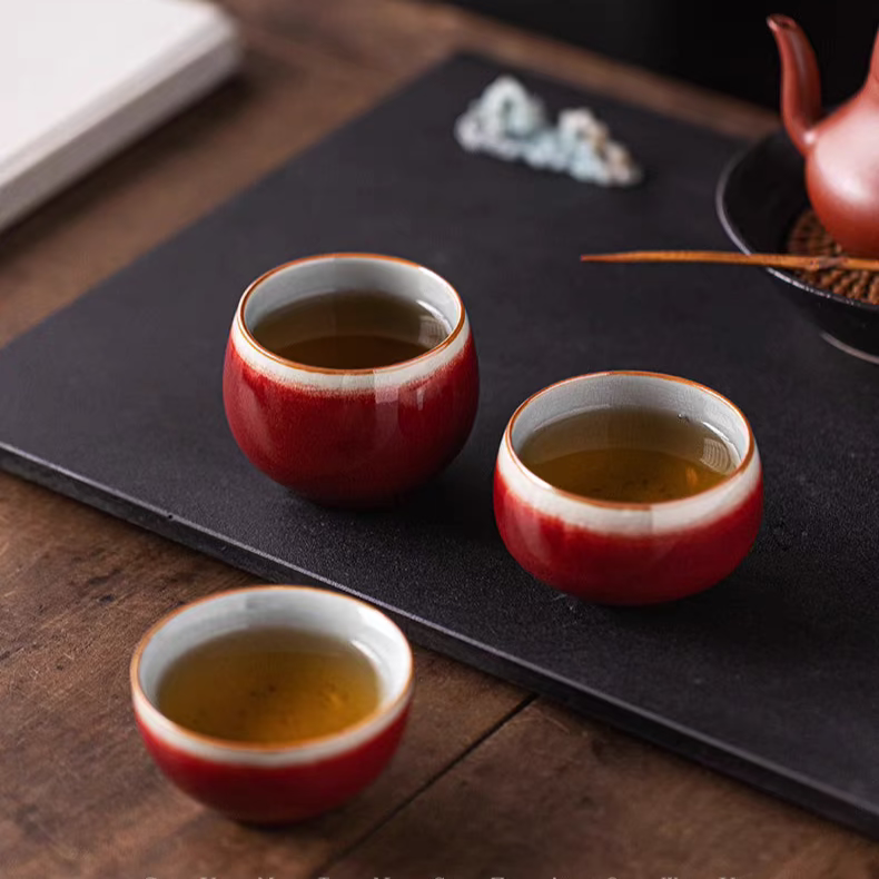 Classic Chinese Tea Cup in Renowned Red Glaze 'Lang Kiln Red' with Iced Cracked Effect Interior