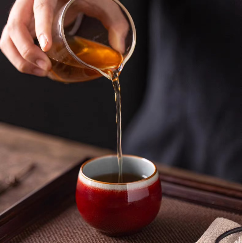 Classic Chinese Tea Cup in Renowned Red Glaze 'Lang Kiln Red' with Iced Cracked Effect Interior