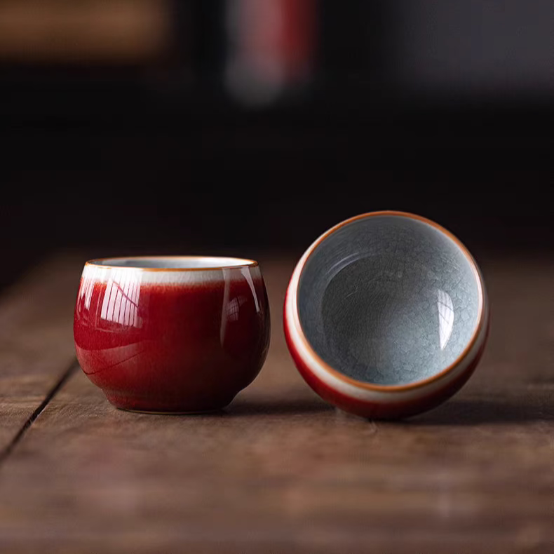 Classic Chinese Tea Cup in Renowned Red Glaze 'Lang Kiln Red' with Iced Cracked Effect Interior