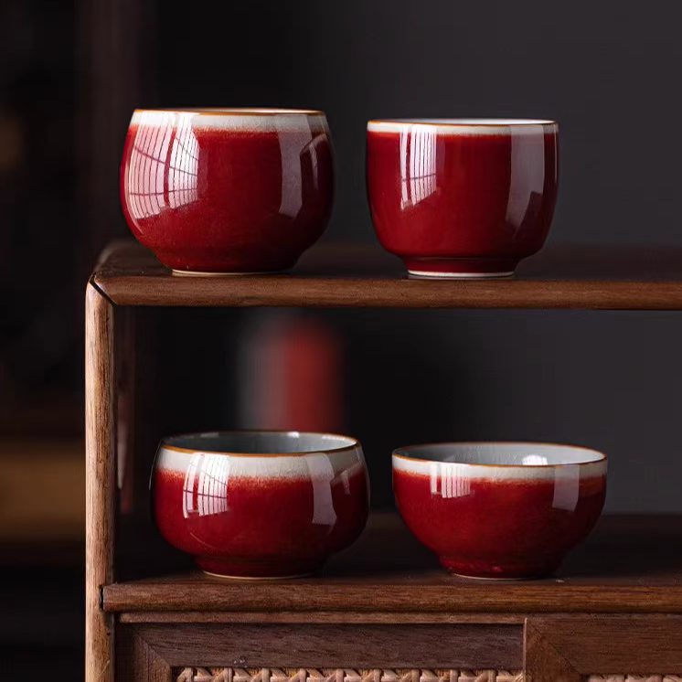 Classic Chinese Tea Cup in Renowned Red Glaze 'Lang Kiln Red' with Iced Cracked Effect Interior