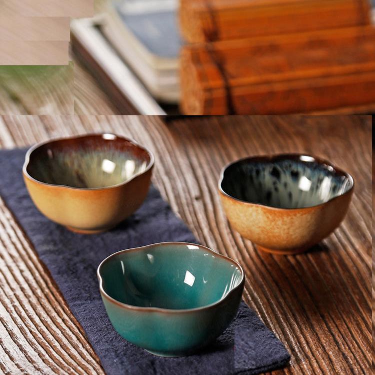 Juego de 3 tazas de té de cerámica china/japonesa con diseño de flor de durazno y esmalte transmutante.