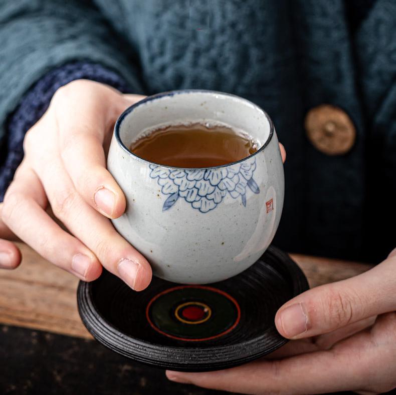 Tazza da tè cinese in stile antico con smalto blu cobalto e salice e peonia/tazza da tè Kungfu