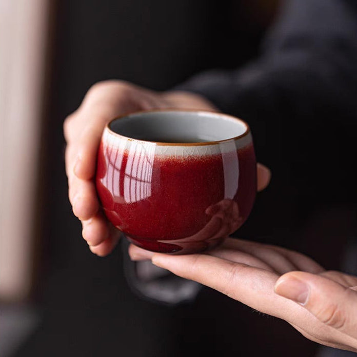 Classic Chinese Tea Cup in Renowned Red Glaze 'Lang Kiln Red' with Iced Cracked Effect Interior