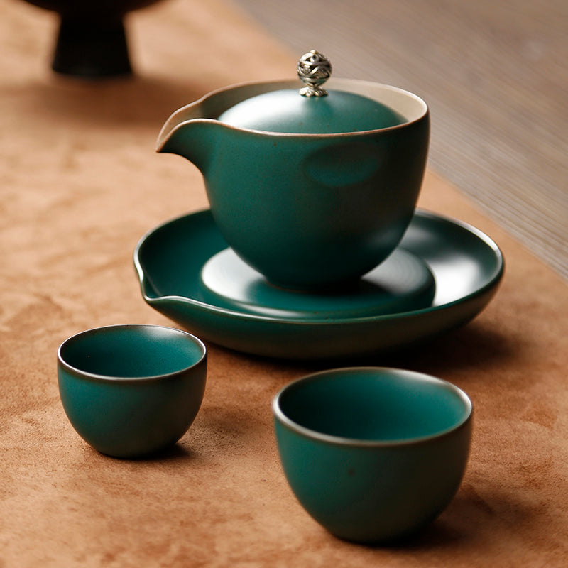 Minimalism Ceramic Teapot Cup Travel Set in Linen Collection Bag in 3 Color