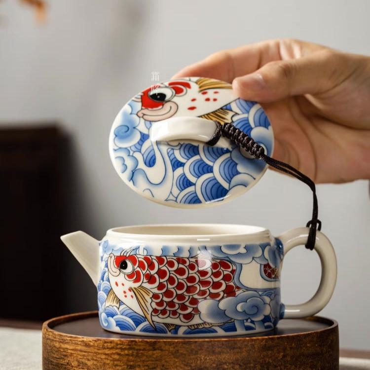 Exquiste "Han Wa"(Mirror Tile) Styled Chinese Tea Pot in Prosperous Playing Fish Pattern