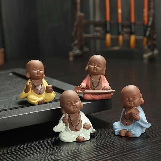 Purple Sand Clay Pottery Set of 4 Little Buddha FigurinesTea Puppy/Tea Decorative Toy