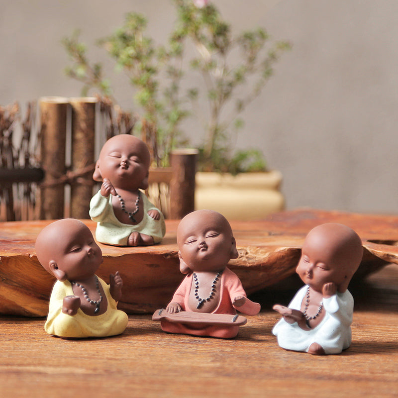Purple Sand Clay Pottery Set of 4 Little Buddha FigurinesTea Puppy/Tea Decorative Toy