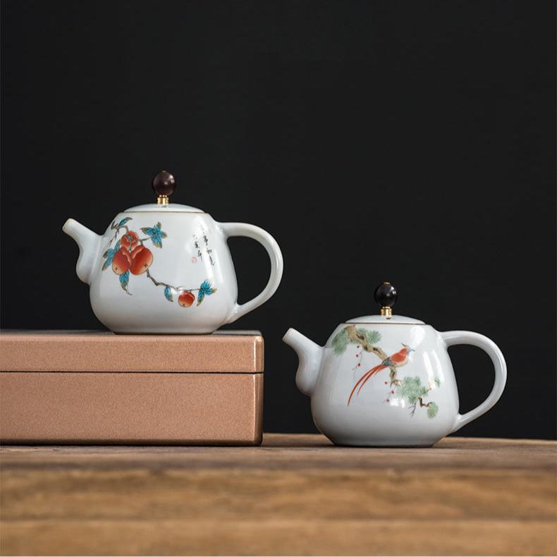 Teiera cinese in ceramica in stile vintage/Classica Ru Ware/Teiera Kung Fu/Dipinta a mano/Effetto giada crepa ghiaccio Jingdezhen Ware - Serie fiori/uccelli