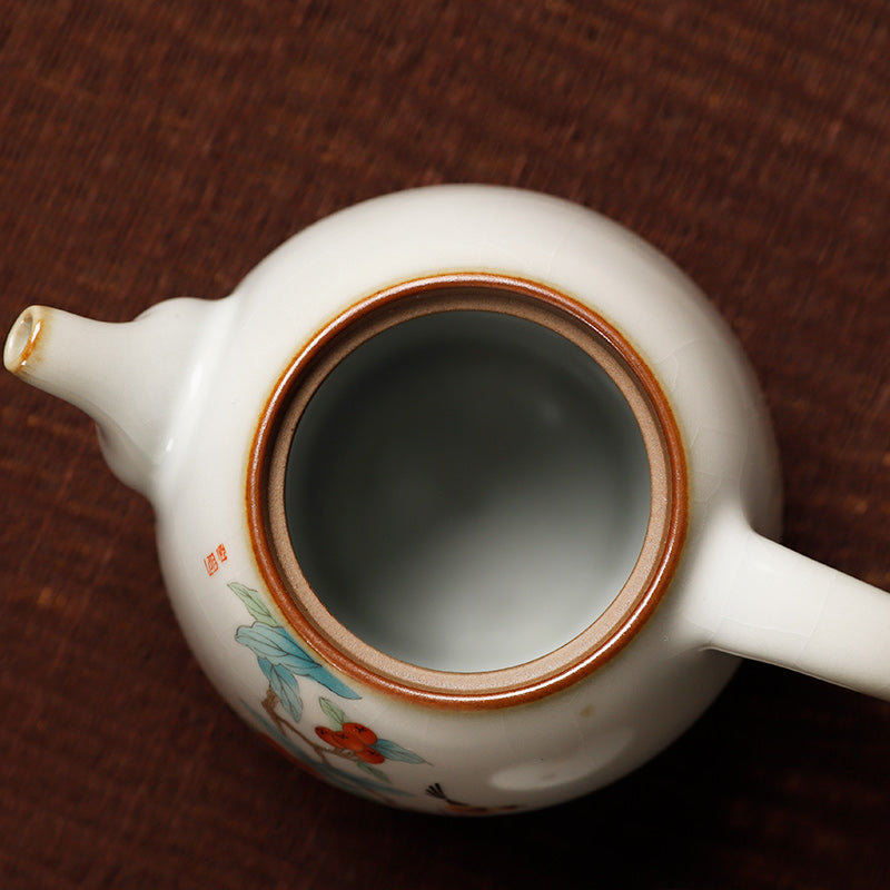 Teiera cinese in ceramica in stile vintage/Classica Ru Ware/Teiera Kung Fu/Dipinta a mano/Effetto giada crepa ghiaccio Jingdezhen Ware - Serie fiori/uccelli