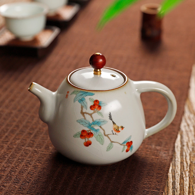 Teiera cinese in ceramica in stile vintage/Classica Ru Ware/Teiera Kung Fu/Dipinta a mano/Effetto giada crepa ghiaccio Jingdezhen Ware - Serie fiori/uccelli