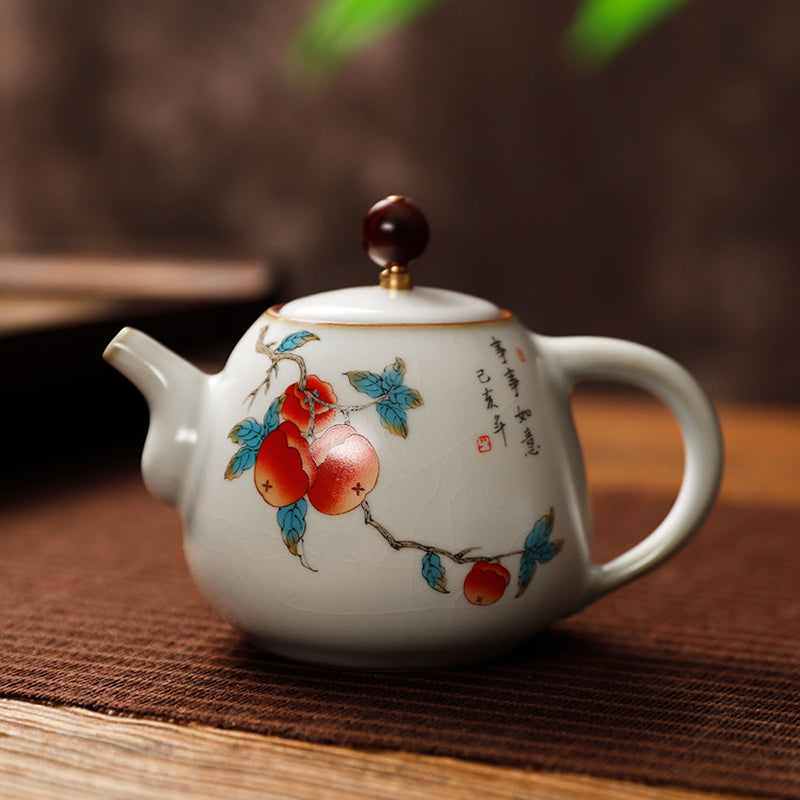 Teiera cinese in ceramica in stile vintage/Classica Ru Ware/Teiera Kung Fu/Dipinta a mano/Effetto giada crepa ghiaccio Jingdezhen Ware - Serie fiori/uccelli