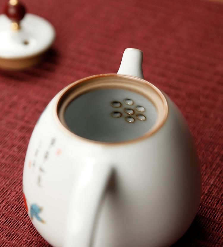 Teiera cinese in ceramica in stile vintage/Classica Ru Ware/Teiera Kung Fu/Dipinta a mano/Effetto giada crepa ghiaccio Jingdezhen Ware - Serie fiori/uccelli