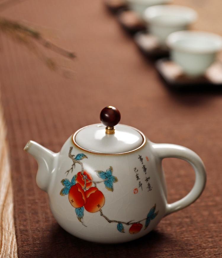 Teiera cinese in ceramica in stile vintage/Classica Ru Ware/Teiera Kung Fu/Dipinta a mano/Effetto giada crepa ghiaccio Jingdezhen Ware - Serie fiori/uccelli