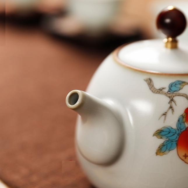 Teiera cinese in ceramica in stile vintage/Classica Ru Ware/Teiera Kung Fu/Dipinta a mano/Effetto giada crepa ghiaccio Jingdezhen Ware - Serie fiori/uccelli