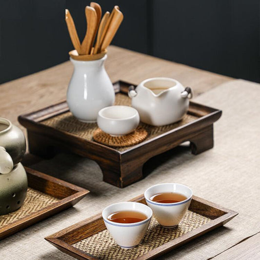 Thailand Teak Wood Seaweed Weaving Tray for Tea Set