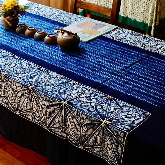 Yunan Heritage Blue Tie-dyed Cotton Tablecloth in Traditional Stitched Auspicious Pattern