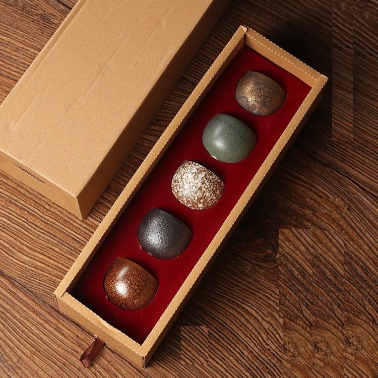 Earthware Corase Pottery Chinese Tea Cup Set/5 Cup Nature Crockery Gift Set-Type D
