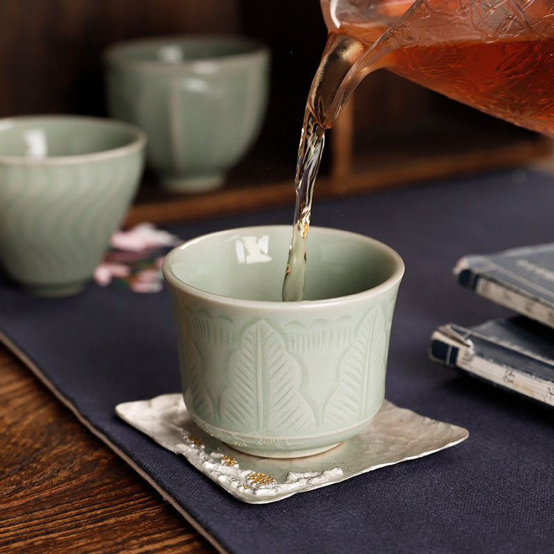 Grass Ash Grey Chinese 5 Unique Teacup Gift Set in Celadon Glaze/Kungfu Teacup Gift Set