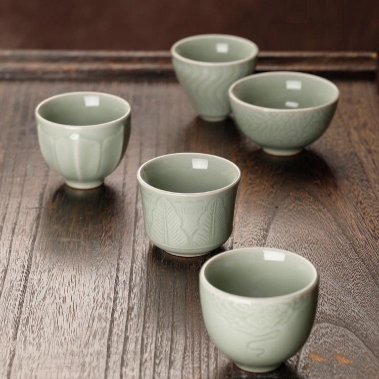 Grass Ash Grey Chinese 5 Unique Teacup Gift Set in Celadon Glaze/Kungfu Teacup Gift Set