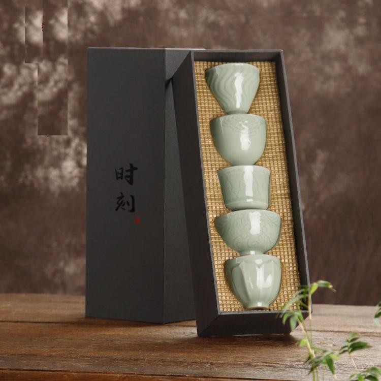 Grass Ash Grey Chinese 5 Unique Teacup Gift Set in Celadon Glaze/Kungfu Teacup Gift Set