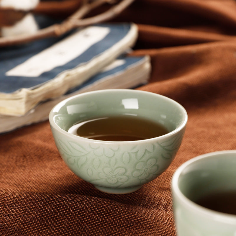 Grass Ash Grey Chinese 5 Unique Teacup Gift Set in Celadon Glaze/Kungfu Teacup Gift Set