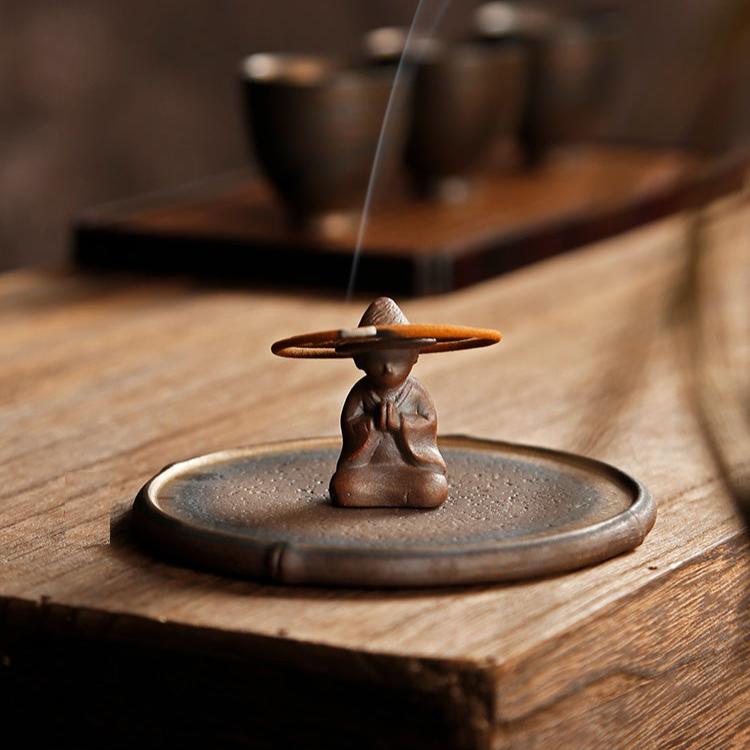 Coarsed Rustic Gold Incense Holder Featured Little Buddha in Hat