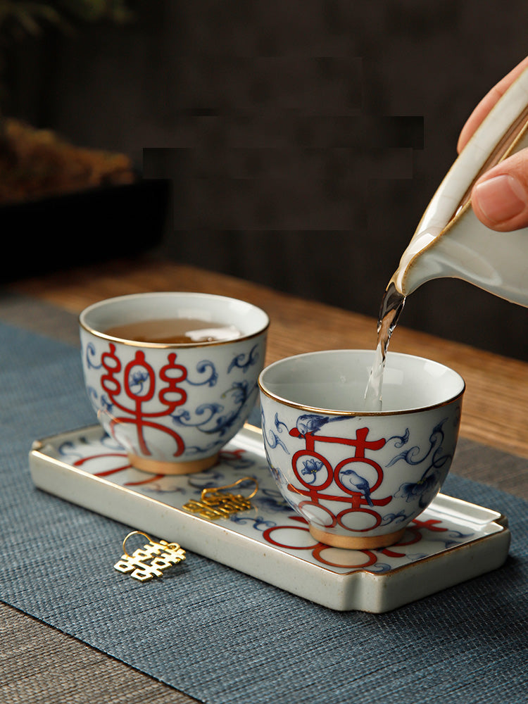 Chinese Teacup Wedding Gift Set with 2 Cups + 2 Double Happiness Gold Tag + 1 Tray