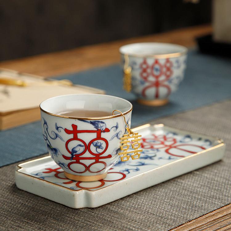 Chinese Teacup Wedding Gift Set with 2 Cups + 2 Double Happiness Gold Tag + 1 Tray