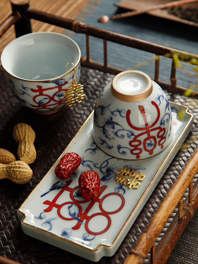 Chinese Teacup Wedding Gift Set with 2 Cups + 2 Double Happiness Gold Tag + 1 Tray