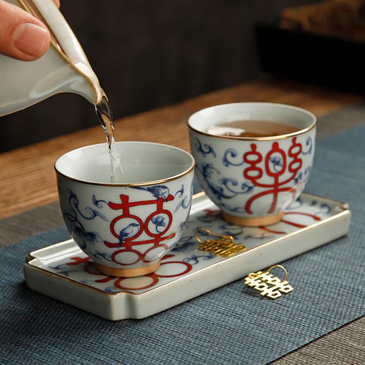 Chinese Teacup Wedding Gift Set with 2 Cups + 2 Double Happiness Gold Tag + 1 Tray
