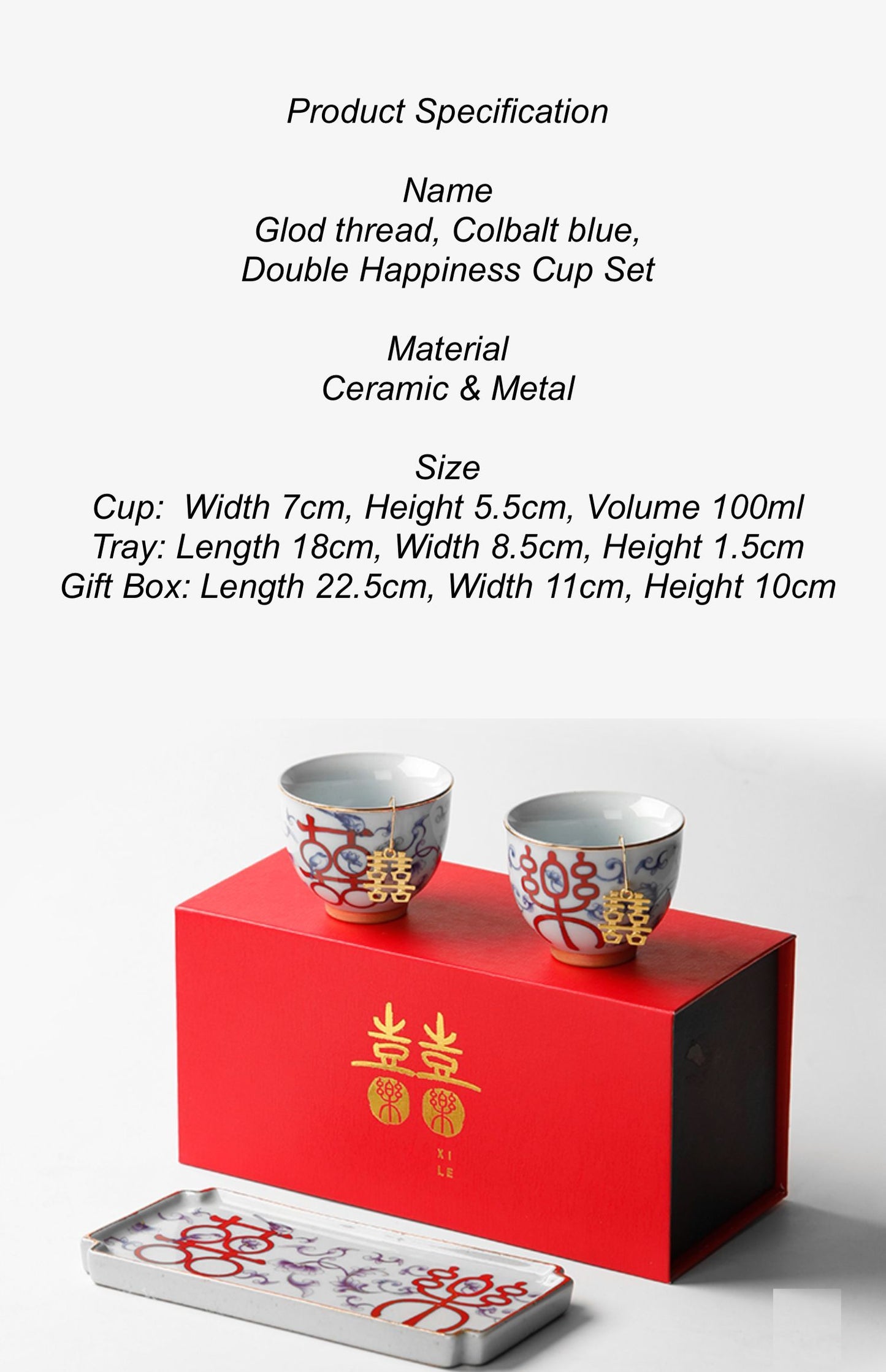 Chinese Teacup Wedding Gift Set with 2 Cups + 2 Double Happiness Gold Tag + 1 Tray