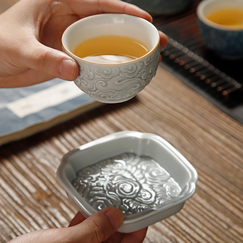 Color Enameled Ceramic Tea Cup Set of 4 with Incised Flying Cloud -Gift Box Display