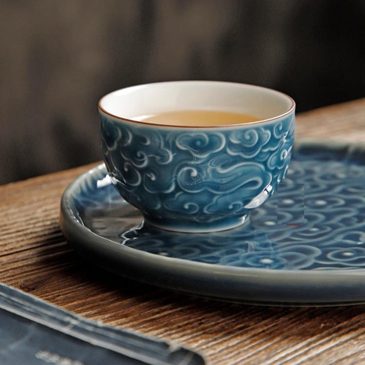 Color Enameled Ceramic Tea Cup Set of 4 with Incised Flying Cloud -Gift Box Display