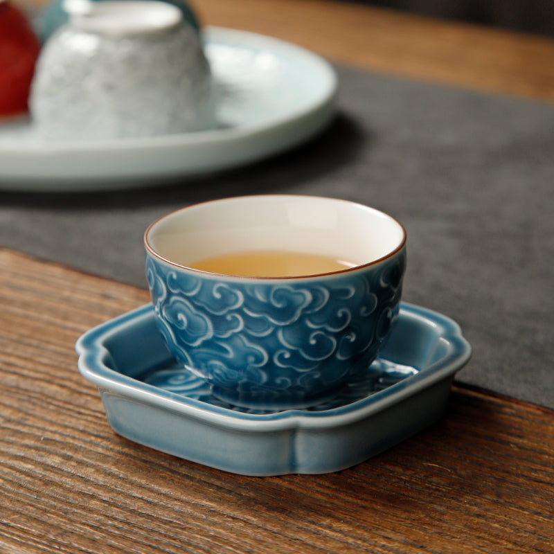 Color Enameled Ceramic Tea Cup Set of 4 with Incised Flying Cloud -Gift Box Display